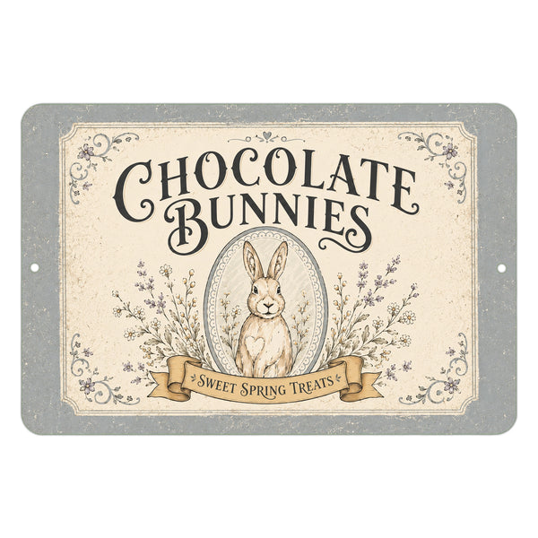 Vintage Chocolate Bunnies sign featuring rabbit artwork and spring florals on a distressed cottagecore background