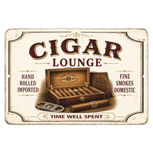Load image into Gallery viewer, Vintage Cigar Lounge aluminum sign with classic cigar artwork for man cave or home bar
