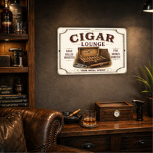 Load image into Gallery viewer, Vintage Cigar Lounge metal sign displayed in a stylish cigar room
