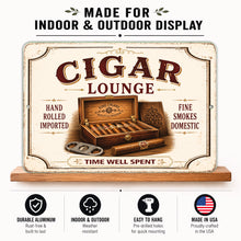 Load image into Gallery viewer, Features of the Vintage Cigar Lounge aluminum sign including lightweight construction and easy hanging
