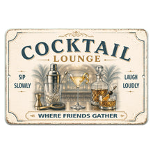 Load image into Gallery viewer, Cocktail Lounge vintage aluminum sign featuring tropical palm trees and coastal cocktail bar artwork
