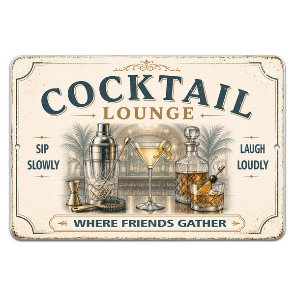 Cocktail Lounge vintage aluminum sign featuring tropical palm trees and coastal cocktail bar artwork