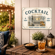 Load image into Gallery viewer, Cocktail Lounge metal sign displayed above a coastal home bar with tropical décor
