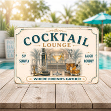 Load image into Gallery viewer, Vintage Cocktail Lounge sign displayed in a poolside bar with tropical coastal décor
