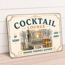 Load image into Gallery viewer, Vintage Cocktail Lounge metal wall sign with tropical beach bar artwork for home bars and patios
