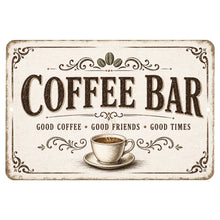Load image into Gallery viewer, Coffee Bar metal sign with vintage coffee station design, rustic cream background, coffee cup illustration, and farmhouse style

