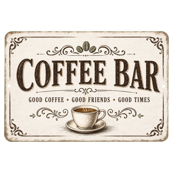 Coffee Bar metal sign with vintage coffee station design, rustic cream background, coffee cup illustration, and farmhouse style
