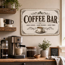 Load image into Gallery viewer, Coffee Bar metal sign displayed above a cozy home coffee station with mugs, coffee decor, and rustic farmhouse accents
