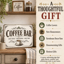 Load image into Gallery viewer, Thoughtful gift image featuring the Coffee Bar metal sign as a gift for coffee lovers, new homeowners, farmhouse decor fans, housewarming gifts, and hostess gifts
