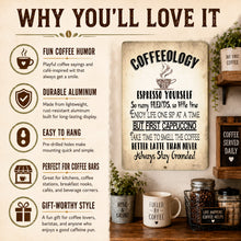 Load image into Gallery viewer, A promotional graphic for a coffee-themed wall sign. The main product shown is a rectangular vintage-style sign reading 'COFFEELOGY' with humorous coffee quotes and a small coffee cup illustration.
