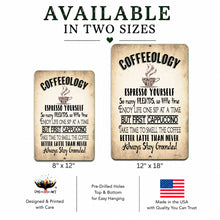 Load image into Gallery viewer, Two vintage-style metal coffee sign options displayed on a white background, labeled 8" x 12" and 12" x 18", with the headline 'AVAILABLE IN TWO SIZES' above and product details below.
