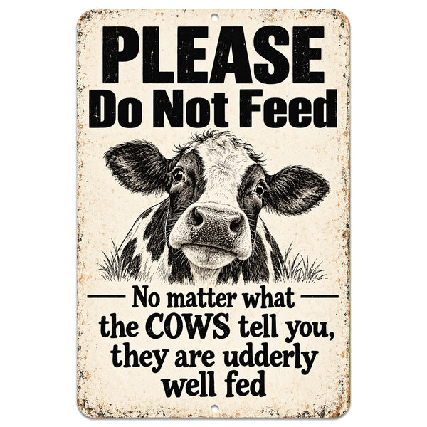 Funny cow metal sign with Please Do Not Feed saying and rustic vintage farmhouse design