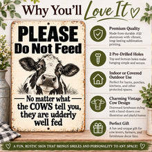 Load image into Gallery viewer, Why You’ll Love It image for funny cow metal sign showing durable aluminum, pre-drilled holes, covered outdoor use, and farmhouse style
