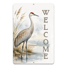 Load image into Gallery viewer, Decorative sign with a crane and 'WELCOME' text on a natural landscape background
