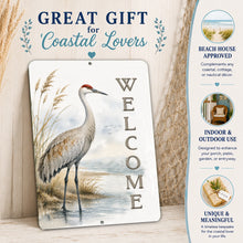Load image into Gallery viewer, Decorative sign with a crane illustration and 'Welcome' text, suitable for coastal decor.
