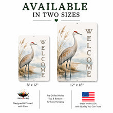 Load image into Gallery viewer, Two sizes of 'Welcome' signs with a crane design, available from Dyenamic Art
