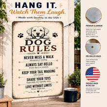 Load image into Gallery viewer, Inspirational Dog Rules metal sign featuring durable aluminum construction, pre-drilled mounting holes, and Made in USA craftsmanship.
