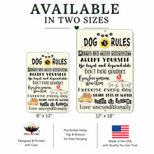 Load image into Gallery viewer, A product information graphic showing two dog rule wall signs in different sizes with text and dimensions. The larger sign reads 'DOG RULES' with decorative text and illustrations, and the smaller sign reads 'DOG RULES' in a smaller size.
