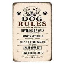 Load image into Gallery viewer, Inspirational Dog Rules metal sign featuring heartwarming sayings for dog lovers with rustic farmhouse décor.
