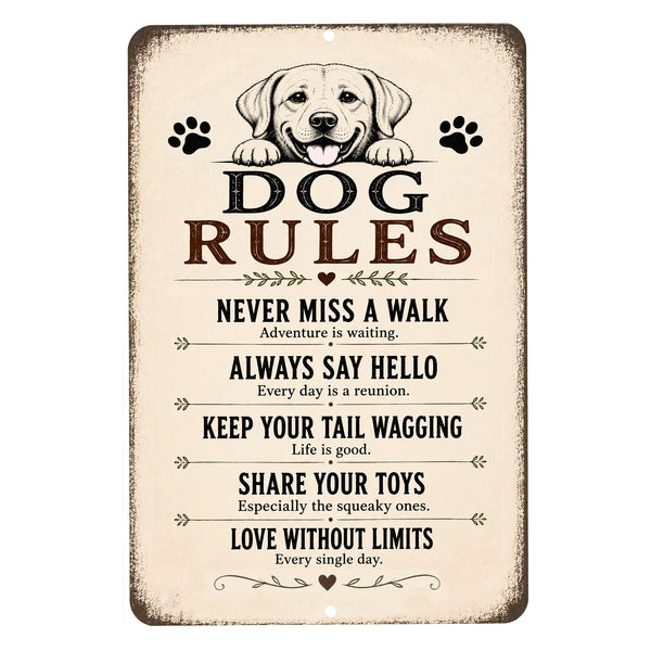 Inspirational Dog Rules metal sign featuring heartwarming sayings for dog lovers with rustic farmhouse décor.