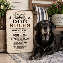 Load image into Gallery viewer, Dog Rules farmhouse metal sign displayed beside a happy Labrador in a cozy dog-friendly home.
