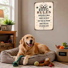 Load image into Gallery viewer, Inspirational Dog Rules aluminum wall sign displayed in a rustic farmhouse living room with dog-themed décor.
