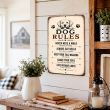 Load image into Gallery viewer, Inspirational Dog Rules metal wall sign displayed on a farmhouse shiplap wall in a pet-friendly home.
