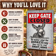 Load image into Gallery viewer, Why You’ll Love It image for donkey metal sign showing durable aluminum, easy hanging, barn decor style, and gift appeal
