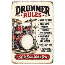 Load image into Gallery viewer, Vintage Drummer Rules aluminum metal sign featuring a red drum set, golden cymbals, six drummer rules, and the saying Life Is Better With a Beat.
