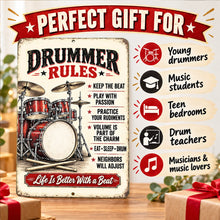 Load image into Gallery viewer, Drummer Rules metal sign displayed with a gift guide for young drummers, music students, teen bedrooms, drum teachers, and music lovers.
