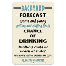 Load image into Gallery viewer, Dyenamic Art - Backyard Forecast Metal Sign – A Lighthearted and Playful Backyard Decor Sign Featuring a Retro Design, Perfect for Bars, Patios, and Outdoor Spaces.
