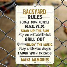 Load image into Gallery viewer, Backyard Rules Metal Sign – Family Fun Outdoor Décor for Your Yard - Premium metal sign for home and outdoor spaces.
