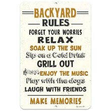 Load image into Gallery viewer, Backyard Rules Metal Sign – Family Fun Outdoor Décor for Your Yard - High-quality metal sign for indoor &amp; outdoor decor by Dyenamic Art.
