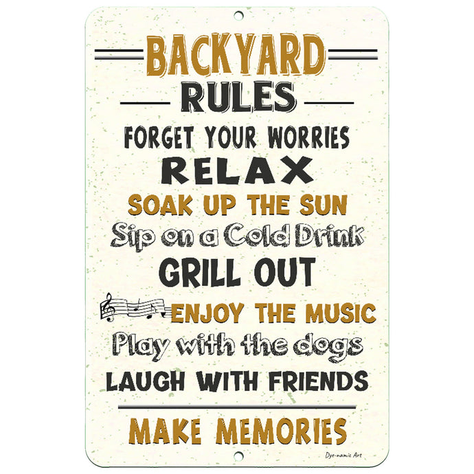 Backyard Rules Metal Sign – Family Fun Outdoor Décor for Your Yard - High-quality metal sign for indoor & outdoor decor by Dyenamic Art.