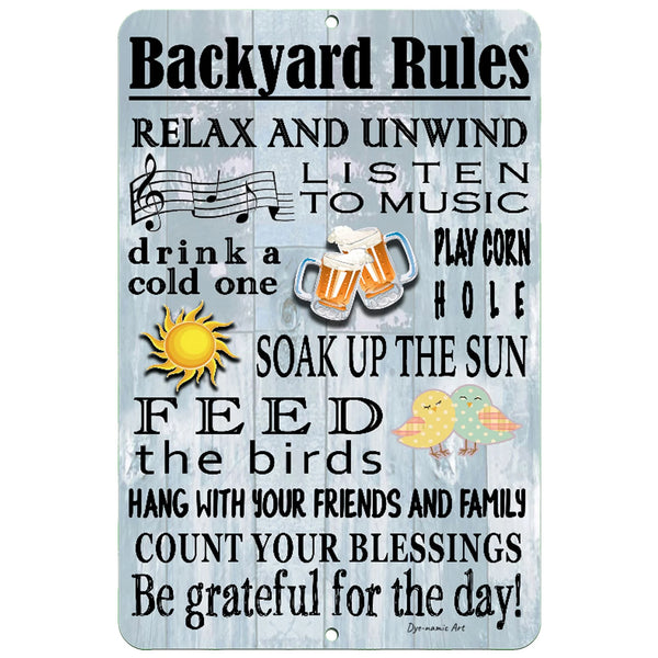 Backyard Rules Metal Sign – Fun outdoor decor encouraging relaxation, laughter, and quality time on patios & gardens.