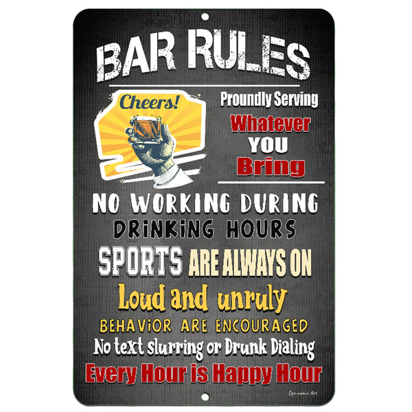 Dyenamic Art Bar Rules Metal Sign – Funny bar sign featuring a vintage-style black background with bold text, a raised whiskey glass graphic, and humorous bar rules. Ideal for home bars, pubs, and man caves.