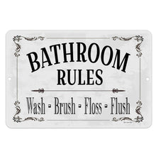 Load image into Gallery viewer, Dyenamic Art Bathroom Rules Metal Sign – Elegant and vintage-style sign with black decorative flourishes on a distressed white background, featuring a charming bathroom etiquette reminder.
