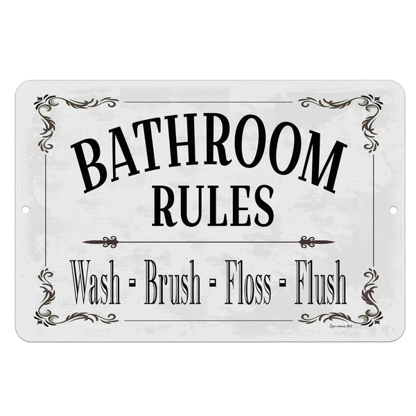 Dyenamic Art Bathroom Rules Metal Sign – Elegant and vintage-style sign with black decorative flourishes on a distressed white background, featuring a charming bathroom etiquette reminder.