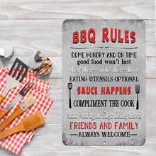 Load image into Gallery viewer, Dyenamic Art - BBQ Rules Metal Sign – A Bold and Playful Barbecue Sign with a Rustic Gray Background, Featuring Fun BBQ-Themed Sayings About Food, Family, and Flavor. Great for Grill Lovers and Backyard Chefs.
