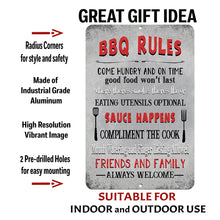 Load image into Gallery viewer, BBQ Rules Metal Sign – Durable Metal Wall Art Designed for Outdoor and Indoor Use. Includes Pre-Drilled Holes for Easy Hanging, a Vintage-Inspired Rustic Finish, and a Weather-Resistant Coating.
