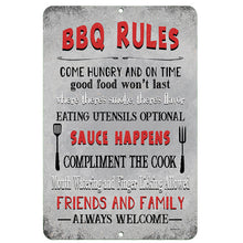 Load image into Gallery viewer, Dyenamic Art - BBQ Rules Metal Sign – A Lighthearted and Fun Grill Sign Featuring Classic Barbecue Sayings. A Must-Have Addition to Any Patio, Outdoor Kitchen, or Backyard BBQ Area.
