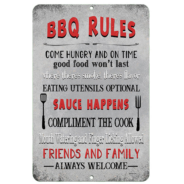 BBQ Rules Metal Sign – Fun grill sign with classic barbecue sayings, perfect for patios, outdoor kitchens, and backyard BBQ areas.