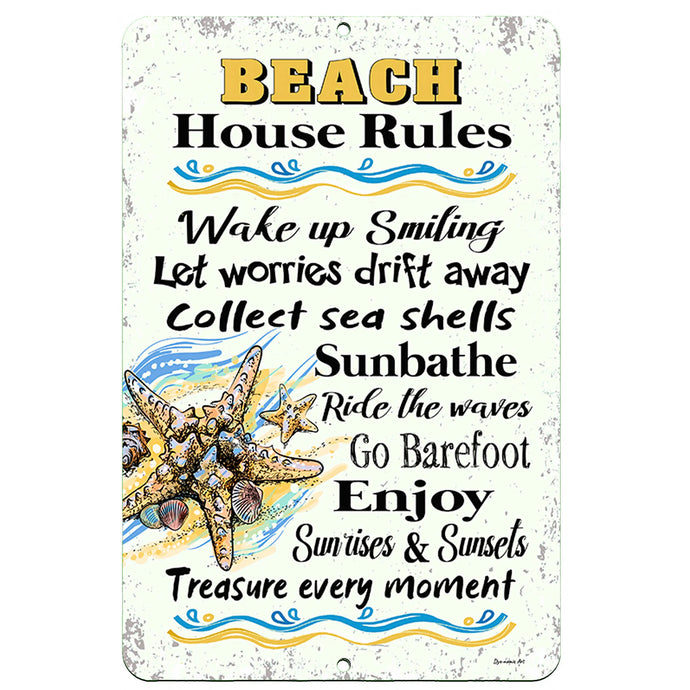 Dyenamic Art 'Beach House Rules' metal sign with a vintage coastal design, featuring starfish and ocean waves. A charming beach-themed home decor piece.