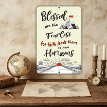 Load image into Gallery viewer, Blessed Are the Fearless Metal Sign – Inspirational faith-based wall art in a vintage map setting.
