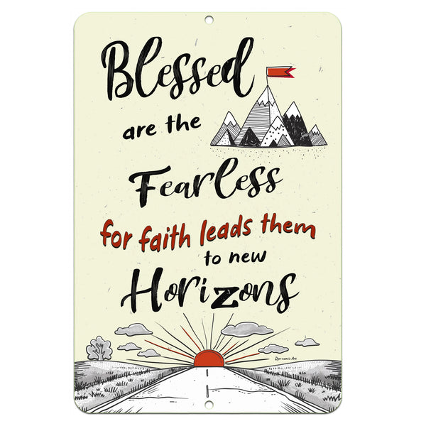 Dyenamic Art Blessed Are the Fearless Metal Sign – Inspirational faith and adventure wall art, durable metal with rustic travel-themed design.
