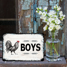 Load image into Gallery viewer, Detailed close-up of the Boys&#39; Bathroom Sign, showcasing crisp black lettering, distressed edges, and a playful rooster illustration.
