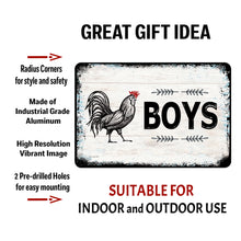 Load image into Gallery viewer, Dyenamic Art Boys&#39; Bathroom Sign with text overlay highlighting its industrial-grade aluminum, pre-drilled holes for easy mounting, and weather-resistant finish for indoor and outdoor use.

