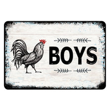 Load image into Gallery viewer, Dyenamic Art Boys&#39; Bathroom Metal Sign – Rustic restroom sign featuring a vintage-style rooster and the word &quot;BOYS&quot; on a distressed wood background. Perfect for farmhouse and country-style decor.
