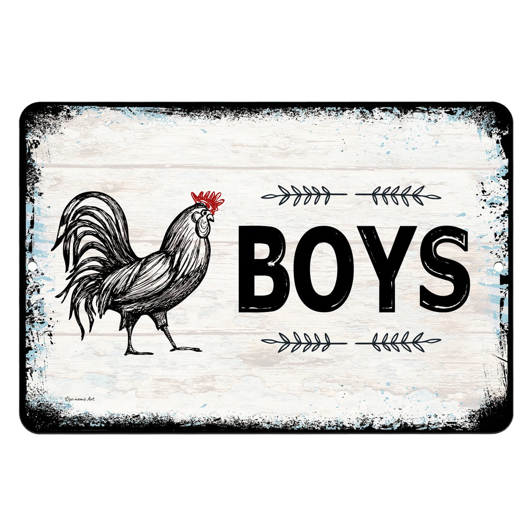 Dyenamic Art Boys' Bathroom Metal Sign – Rustic restroom sign featuring a vintage-style rooster and the word 
