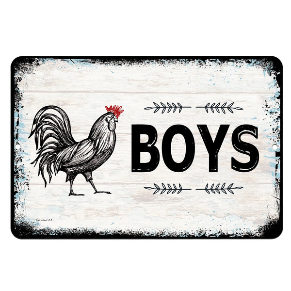 Dyenamic Art Boys' Bathroom Metal Sign – Rustic restroom sign featuring a vintage-style rooster and the word "BOYS" on a distressed wood background. Perfect for farmhouse and country-style decor.